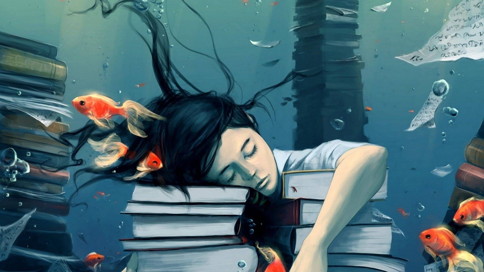 Fantasy-Girl-Sleeping-Underwater-With-Books-Images